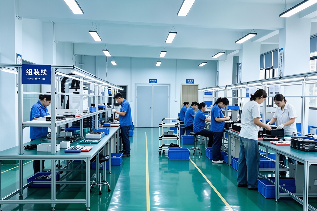 Winsure technicians assembling industrial network equipment on the production line