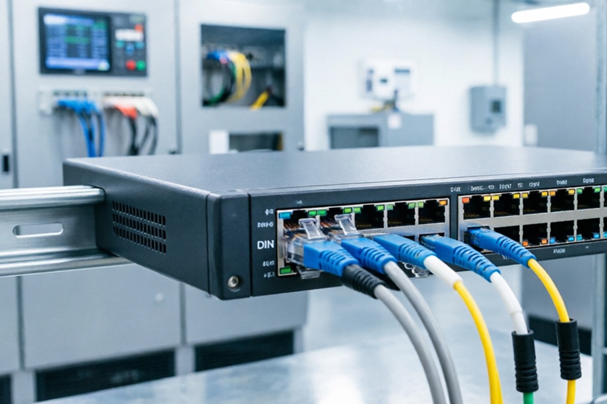 Rack-mount switch patched with fiber optic cables