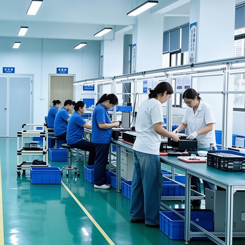 Winsure technicians assembling industrial network equipment on the production line